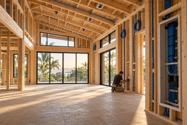 Technician installing home automation wiring inside a new home with exposed wood framing and large windows.