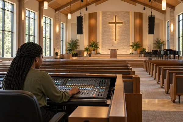 Audio technician adjusting a mixing console in a church sanctuary with suspended speakers and wooden pews.